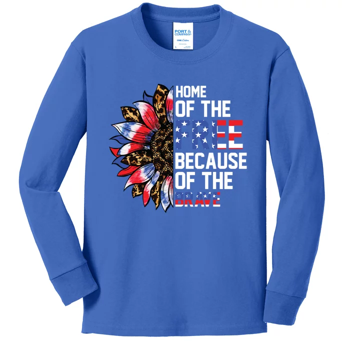 Home Of The Free Because Of The Brave Sunflower 4th Of July Gift Kids Long Sleeve Shirt