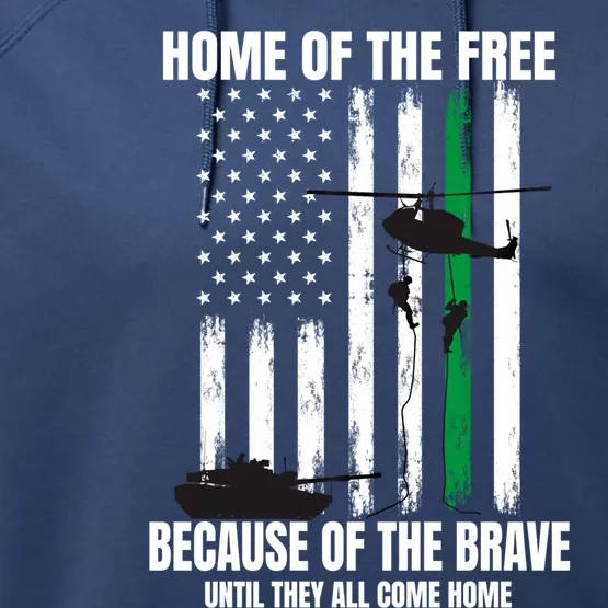 Home Of The Free Brave Military Thin Green Line Flag Graphic Cool Gift Performance Fleece Hoodie