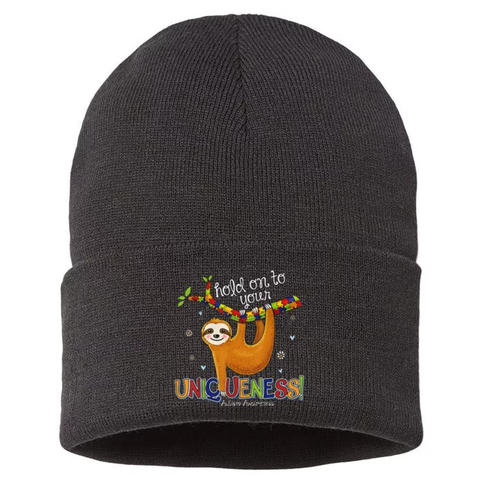 Hold On To Your Uniqueness Sloth Autism Awareness Sustainable Knit Beanie