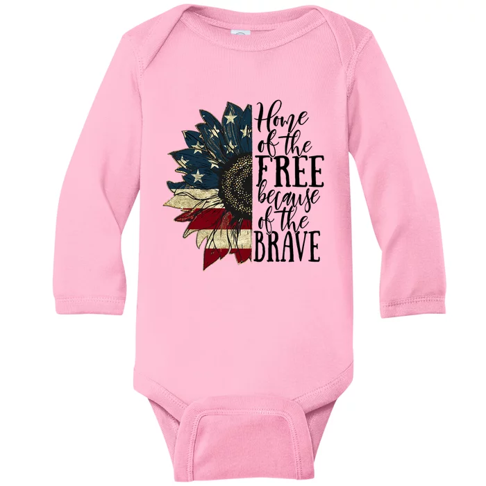 Home of the Free because of the Brave American Sunflower Baby Long Sleeve Bodysuit