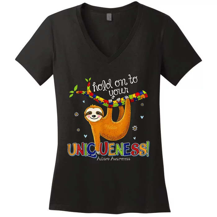 Hold On To Your Uniqueness Sloth ASD Awareness Women's V-Neck T-Shirt