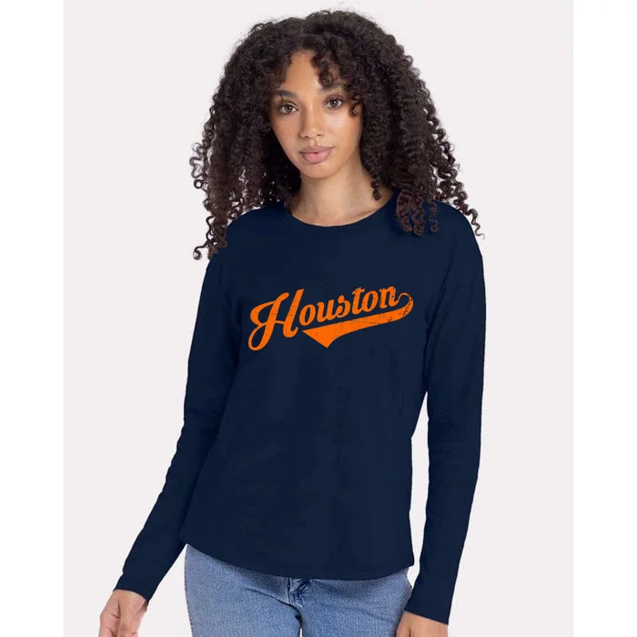 Houston, Texas City Vintage Baseball Script Womens Cotton Relaxed Long Sleeve T-Shirt