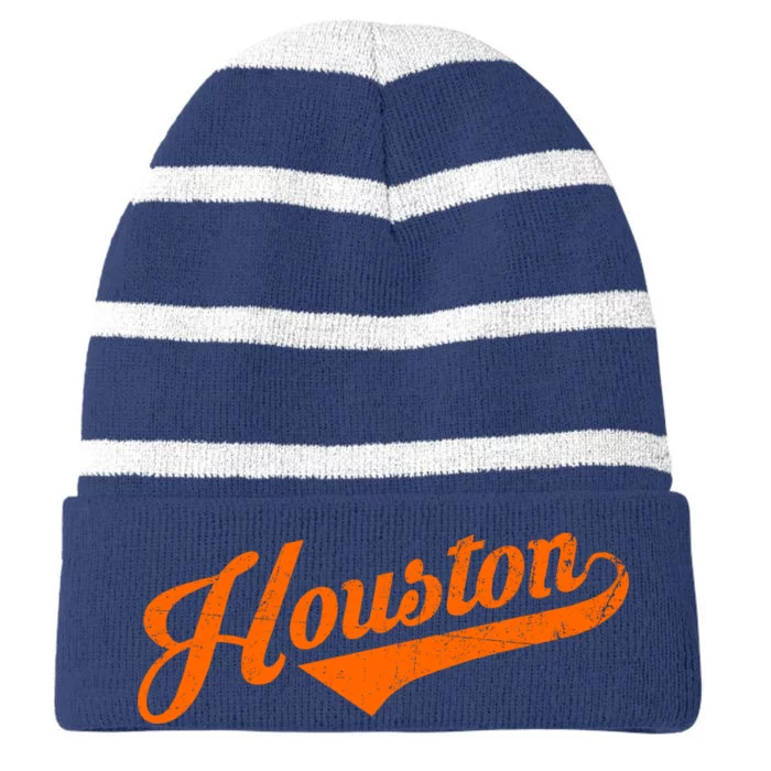 Houston, Texas City Vintage Baseball Script Striped Beanie with Solid Band