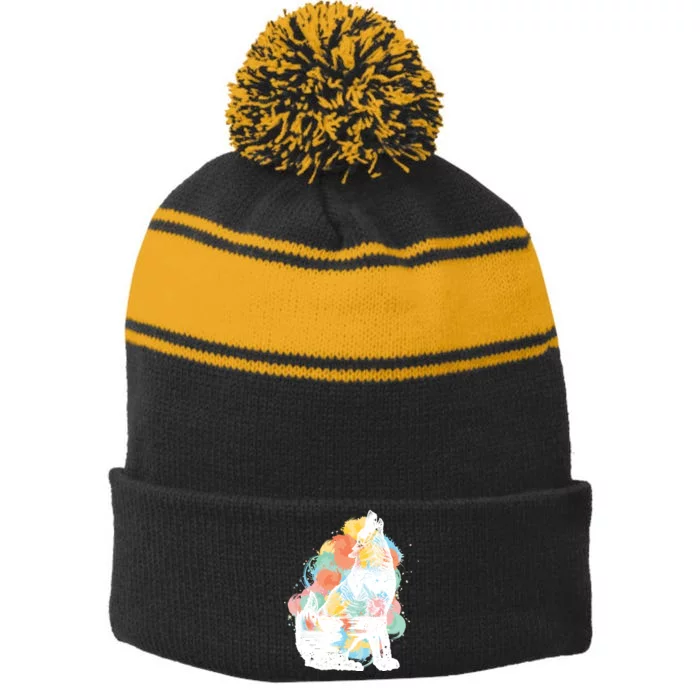 Howling Wolf Wilderness Stripe Pom Pom Beanie