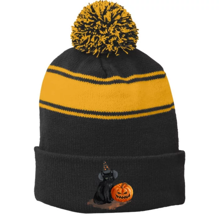 Halloween Pumpkin Black Cat Stripe Pom Pom Beanie