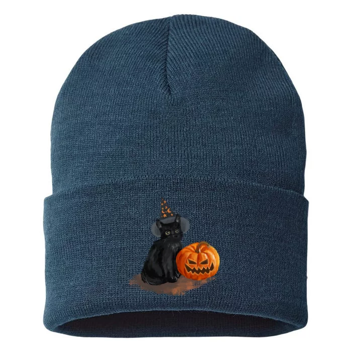 Halloween Pumpkin Black Cat Sustainable Knit Beanie