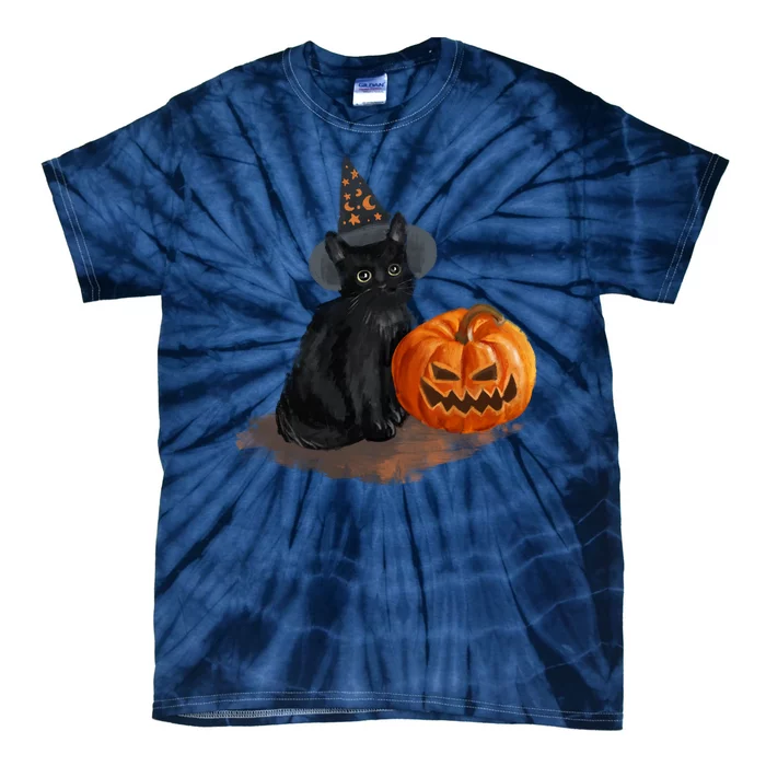 Halloween Pumpkin Black Cat Tie-Dye T-Shirt