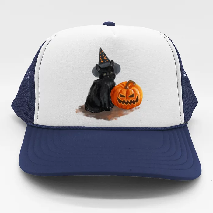 Halloween Pumpkin Black Cat Trucker Hat