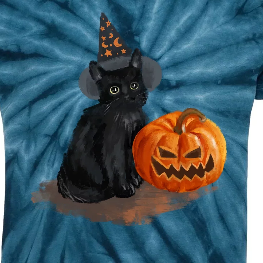 Halloween Pumpkin Black Cat Kids Tie-Dye T-Shirt