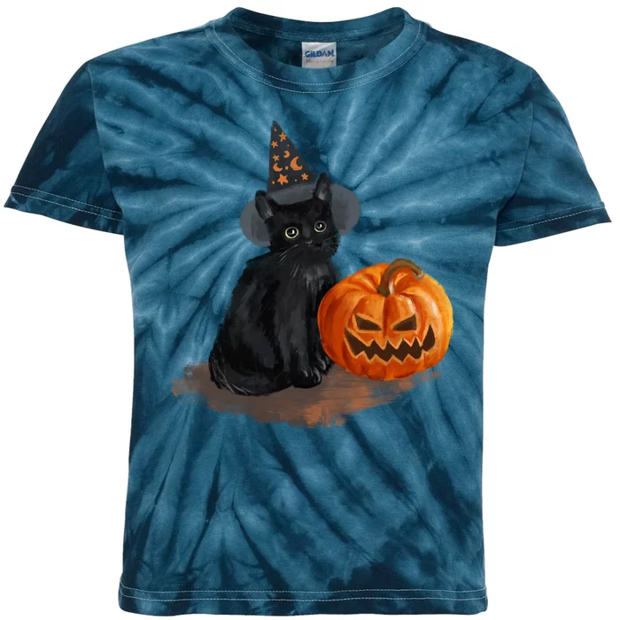 Halloween Pumpkin Black Cat Kids Tie-Dye T-Shirt