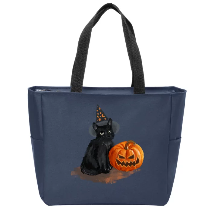 Halloween Pumpkin Black Cat Zip Tote Bag