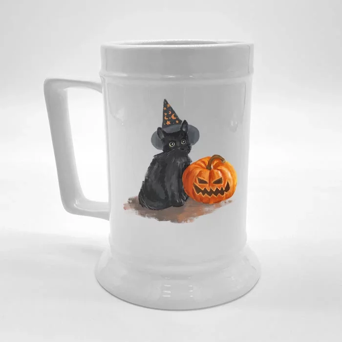 Halloween Pumpkin Black Cat Front & Back Beer Stein