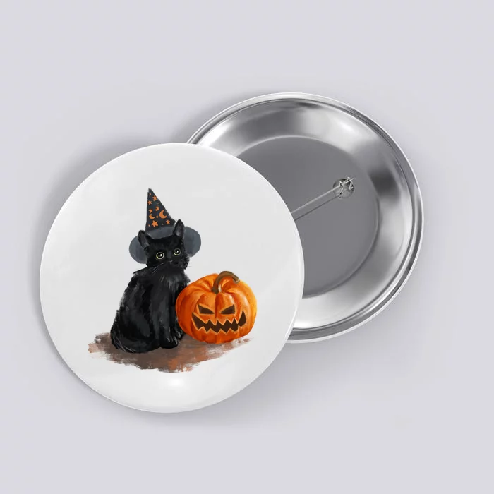 Halloween Pumpkin Black Cat Button