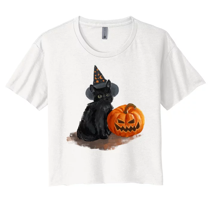 Halloween Pumpkin Black Cat Women's Crop Top Tee