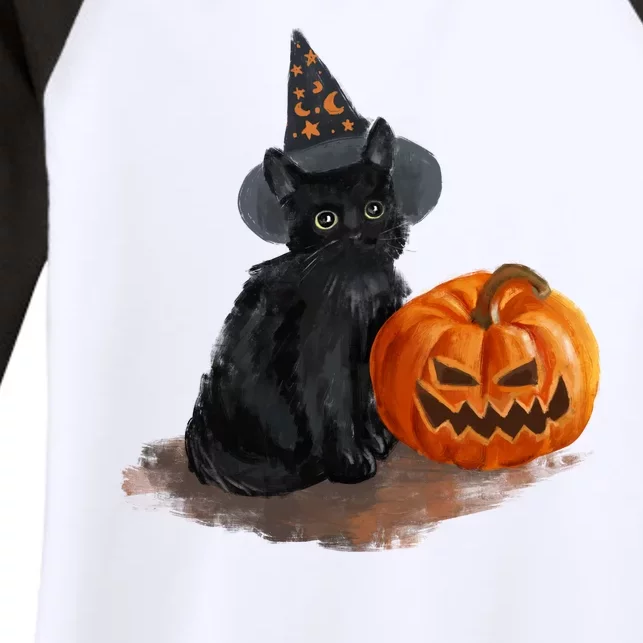 Halloween Pumpkin Black Cat Women's Tri-Blend 3/4-Sleeve Raglan Shirt