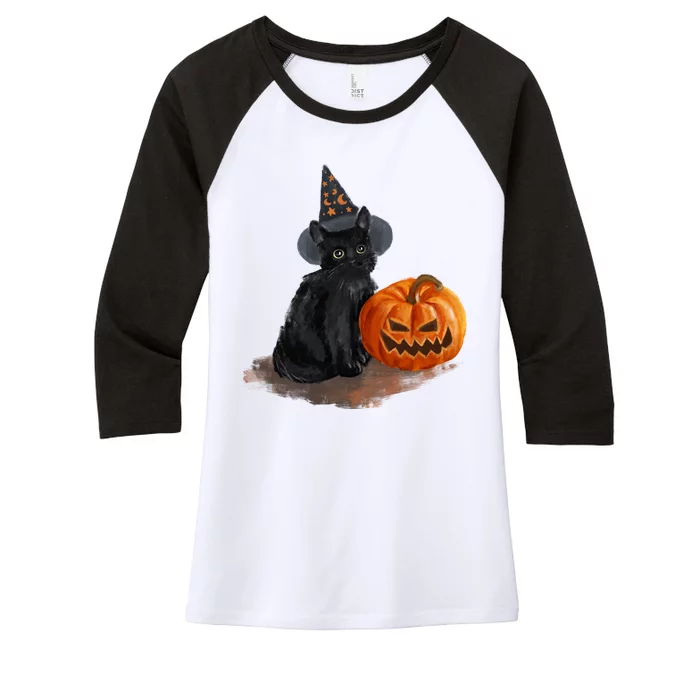 Halloween Pumpkin Black Cat Women's Tri-Blend 3/4-Sleeve Raglan Shirt