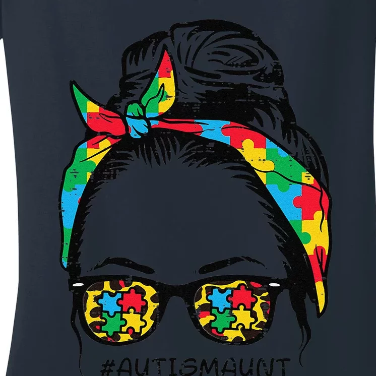 Hairbun Puzzle Bandana Sunglasses Autism Aunt Awareness Women's V-Neck T-Shirt