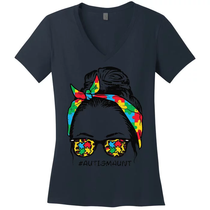 Hairbun Puzzle Bandana Sunglasses Autism Aunt Awareness Women's V-Neck T-Shirt