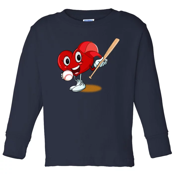 Heart Playing Baseball Valentines Day Sports Boy Toddler Long Sleeve Shirt