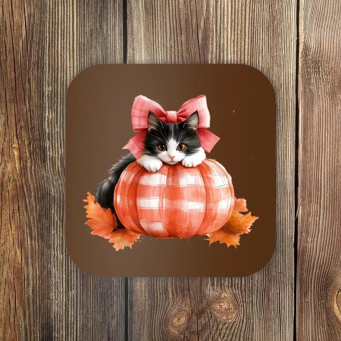 Halloween Pumpkin Black Cat Fall Plaid Bow Gift Coaster