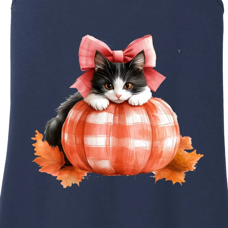 Halloween Pumpkin Black Cat Fall Plaid Bow Gift Ladies Essential Tank