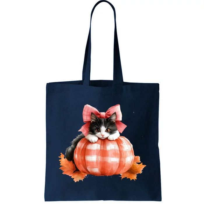 Halloween Pumpkin Black Cat Fall Plaid Bow Gift Tote Bag