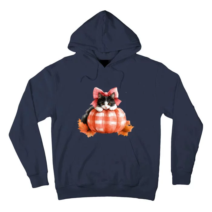 Halloween Pumpkin Black Cat Fall Plaid Bow Gift Tall Hoodie