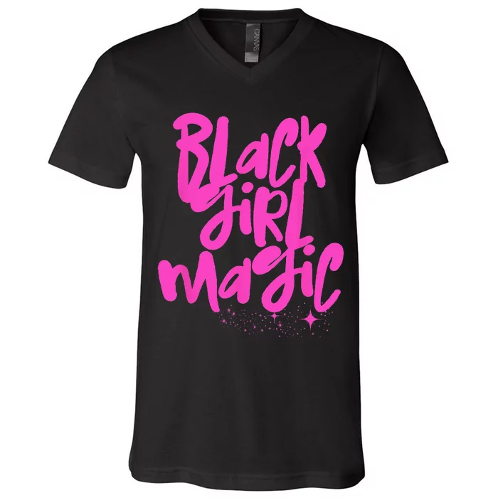 Hot Pink Black Girl Magic Stars Melanin Black Queen Woman V-Neck T-Shirt