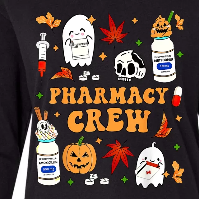 Halloween Pharmacy Crew Ghost Pumpkin Fall Pharmacist Tech Gift Womens Cotton Relaxed Long Sleeve T-Shirt