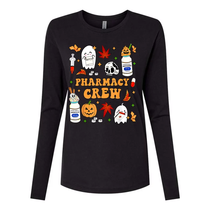 Halloween Pharmacy Crew Ghost Pumpkin Fall Pharmacist Tech Gift Womens Cotton Relaxed Long Sleeve T-Shirt