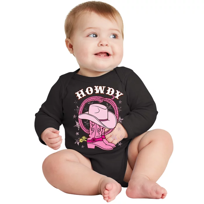 Howdy Pink Cowboy Hat Boots Country Western Rodeo Baby Long Sleeve Bodysuit