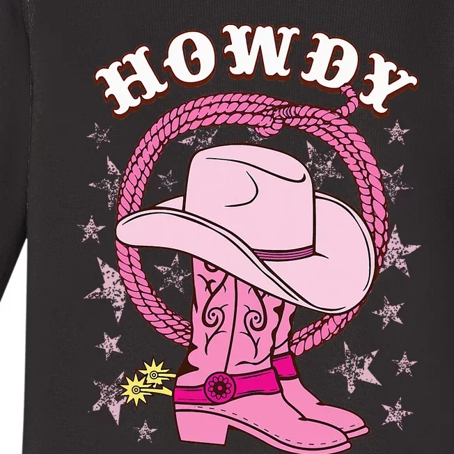 Howdy Pink Cowboy Hat Boots Country Western Rodeo Baby Long Sleeve Bodysuit