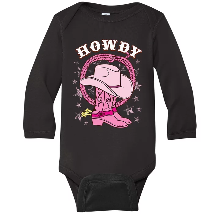 Howdy Pink Cowboy Hat Boots Country Western Rodeo Baby Long Sleeve Bodysuit