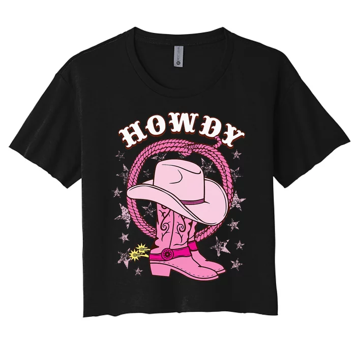 Howdy Pink Cowboy Hat Boots Country Western Rodeo Women's Crop Top Tee