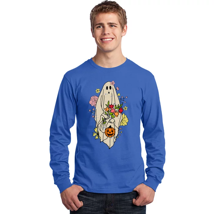 Halloween Pumpkin Costume Funny Vintage Cute Floral Ghost Funny Gift Long Sleeve Shirt