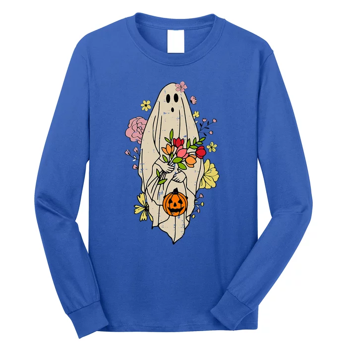 Halloween Pumpkin Costume Funny Vintage Cute Floral Ghost Funny Gift Long Sleeve Shirt