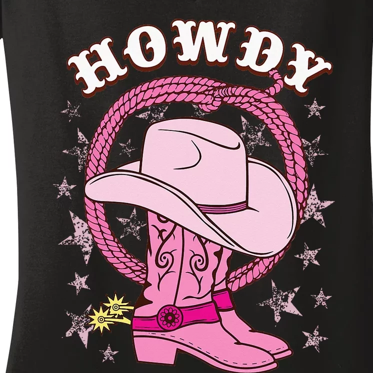 Howdy Pink Cowboy Hat Boots Country Western Rodeo Women's V-Neck T-Shirt