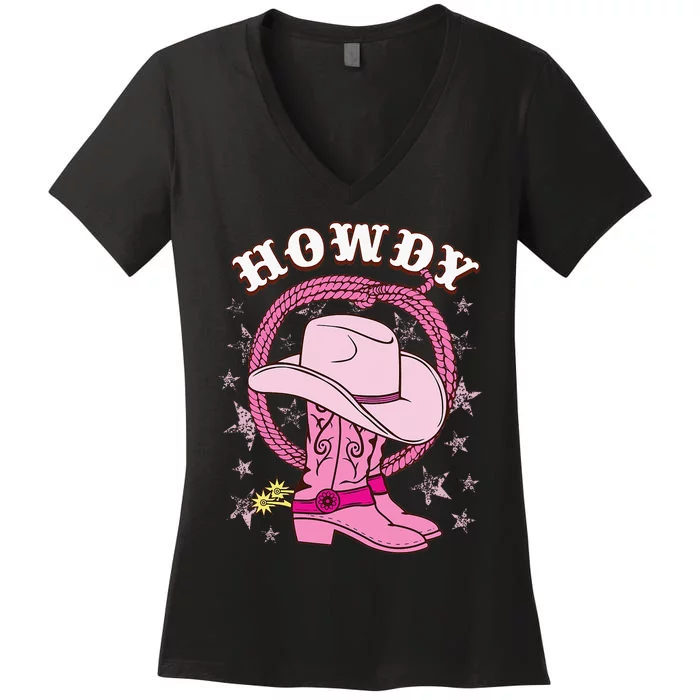 Howdy Pink Cowboy Hat Boots Country Western Rodeo Women's V-Neck T-Shirt