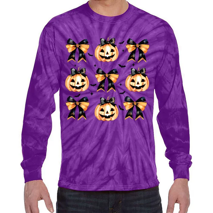 Halloween Pumpkin Coquette Bow Halloween Spooky Season Tie-Dye Long Sleeve Shirt