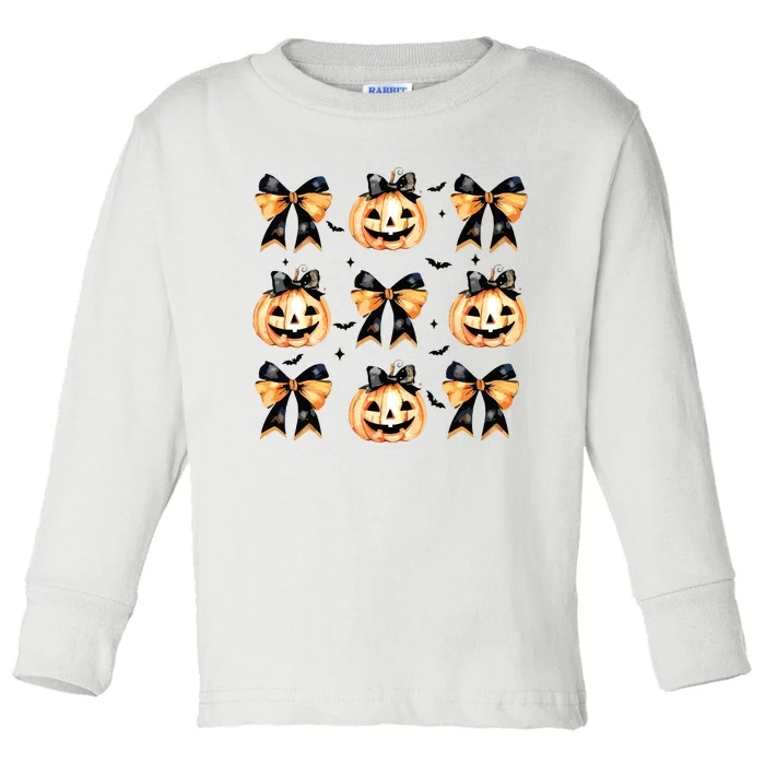 Halloween Pumpkin Coquette Bow Halloween Spooky Season Toddler Long Sleeve Shirt