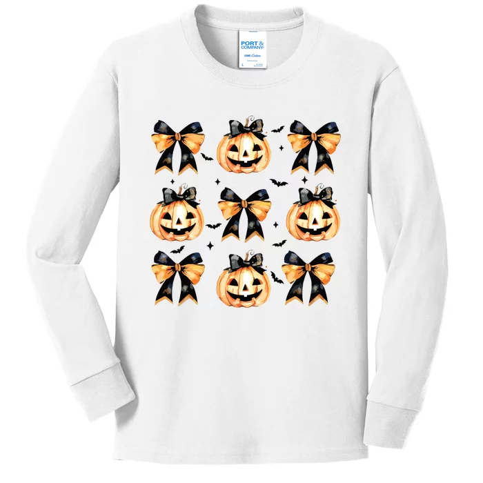 Halloween Pumpkin Coquette Bow Halloween Spooky Season Kids Long Sleeve Shirt