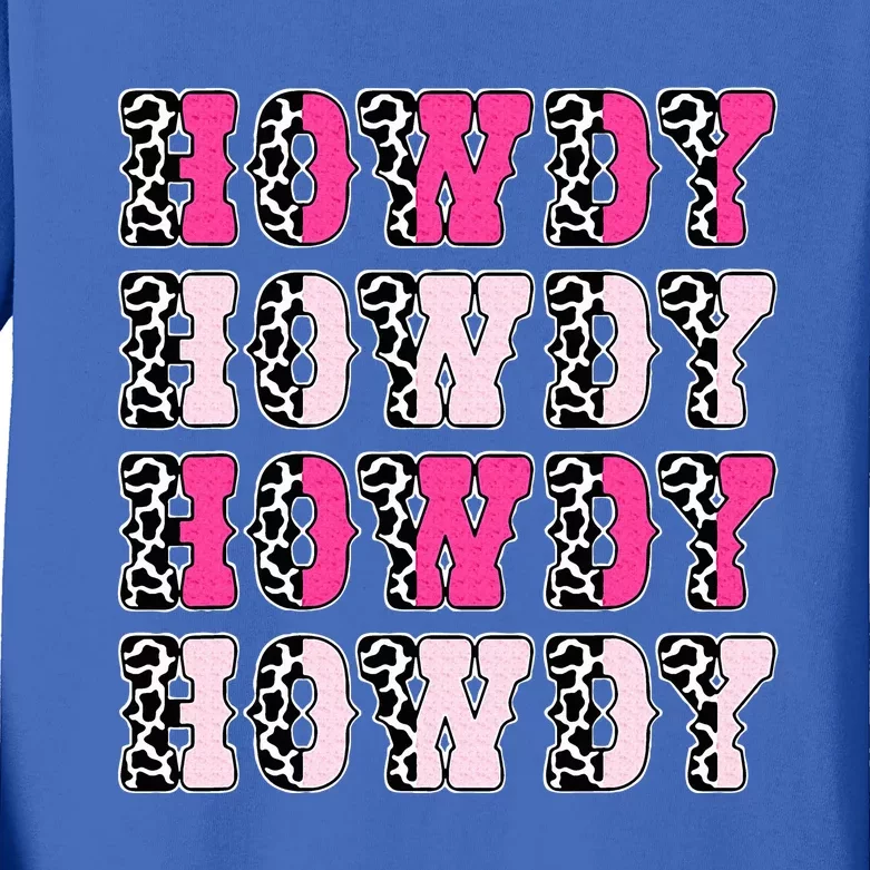 Howdy Pink Cow Print Western Country Cowgirl Texas Kids Long Sleeve Shirt