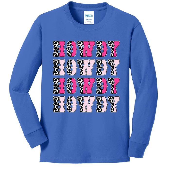 Howdy Pink Cow Print Western Country Cowgirl Texas Kids Long Sleeve Shirt