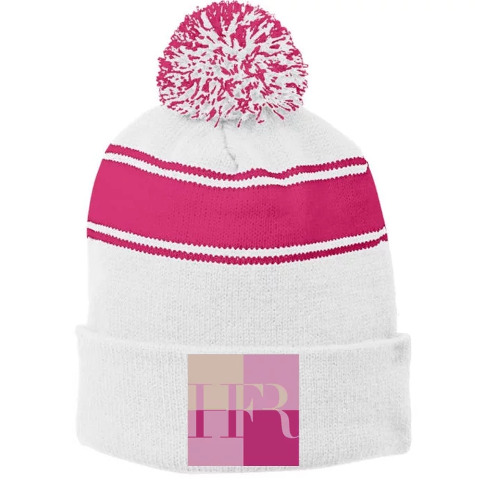 HFR Pink Color Blocking Logo Stripe Pom Pom Beanie