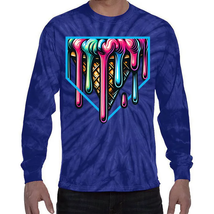 Home Plate Drip Ice Cream Softball & Baseball Tie-Dye Long Sleeve Shirt