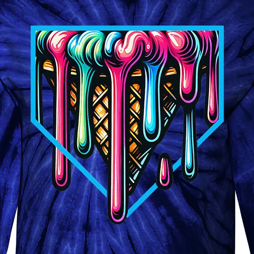 Home Plate Drip Ice Cream Softball & Baseball Tie-Dye Long Sleeve Shirt