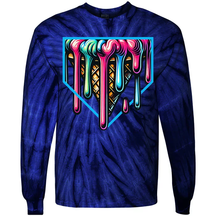 Home Plate Drip Ice Cream Softball & Baseball Tie-Dye Long Sleeve Shirt