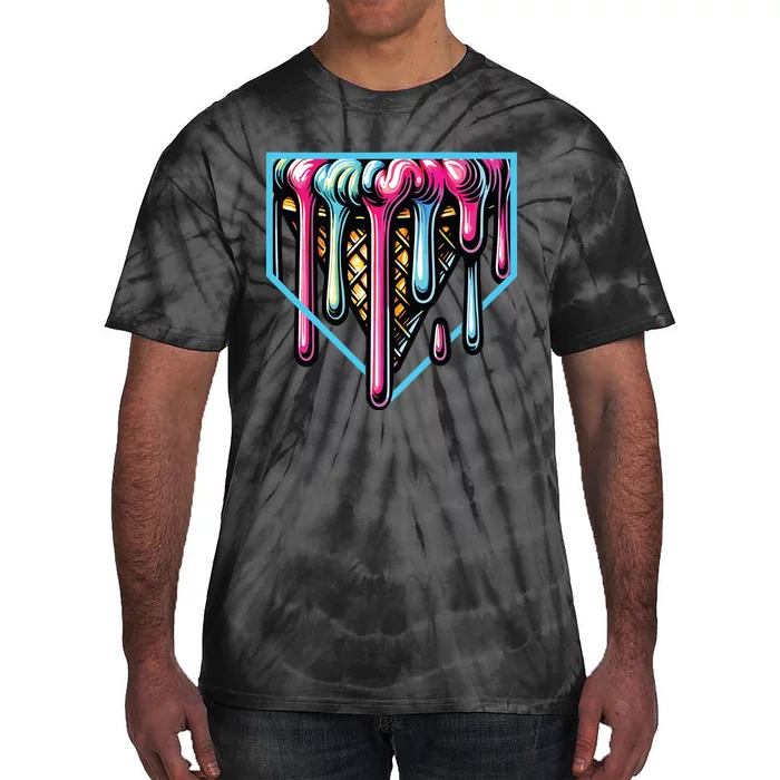 Home Plate Drip Ice Cream Softball Baseball Tie-Dye T-Shirt