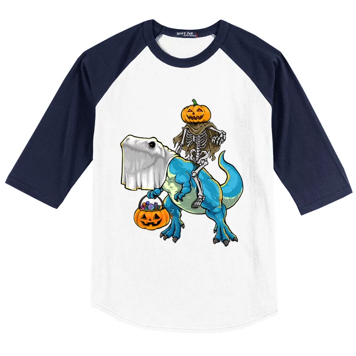 Halloween Pumpkin Dinosaur Skeleton T Rex Gift Baseball Sleeve Shirt