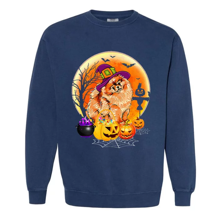 Halloween Pomeranian Dog Moon With Pumpkin Funny Gifts Garment-Dyed Sweatshirt